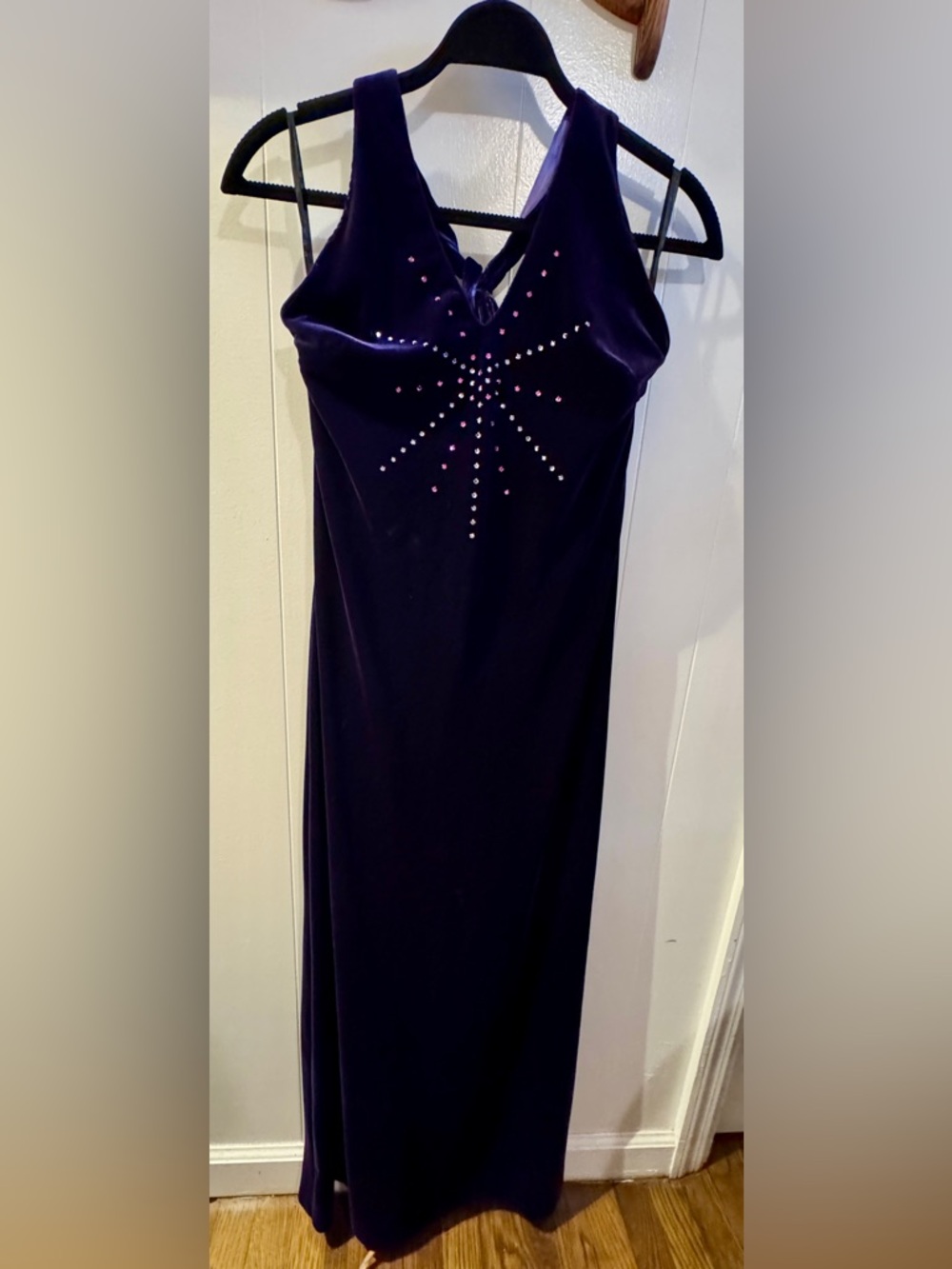 Vintage Scene Velvet Purple Maxi Dress with Crystal Starburst Accent